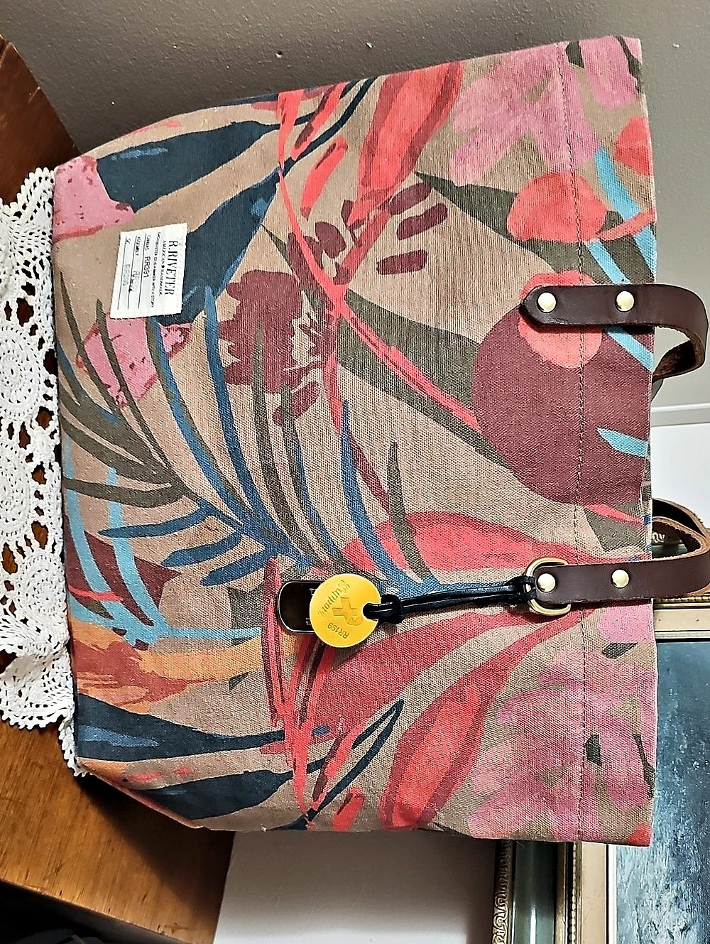 R. Riveter Printed Canvas Tote with Pouch in Pink & Brown